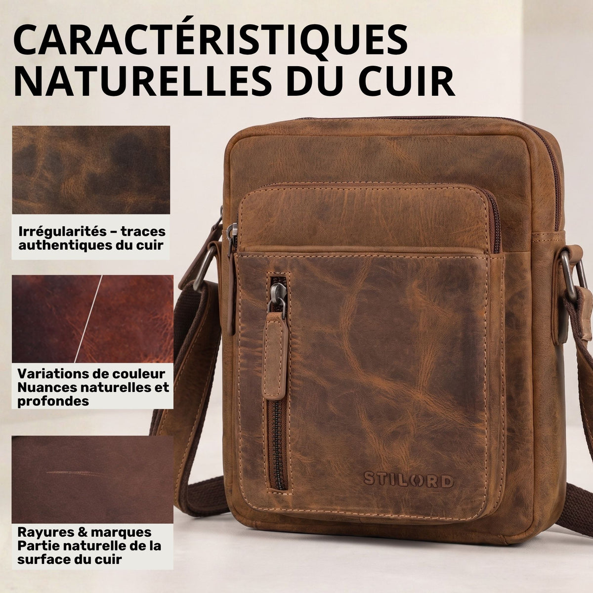 Kleine braune Lederschultertasche mit Fronttasche, Reißverschluss, verstellbarem Riemen und Prägung STILORD; Lederdetails links.