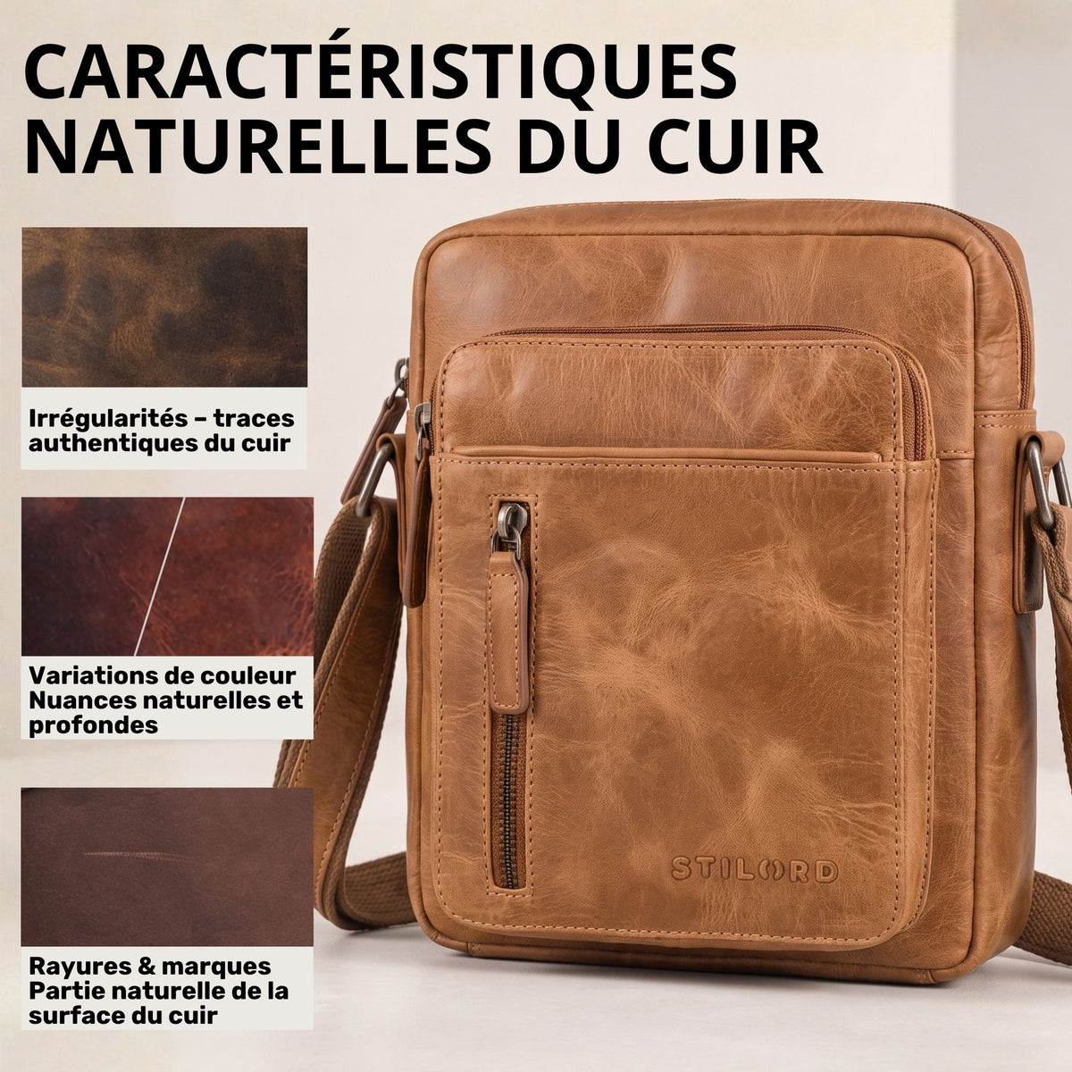 Kleine Herren-Schultertasche aus echtem Leder in Perugia-Braun, Frontalansicht, geprägtes STILORD-Logo