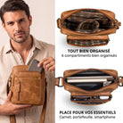 Kompakte Herren-Schultertasche aus Rindleder Perugia-Braun, Modell hält Tasche; geöffnete Oberansicht mit sechs organisierten Fächern