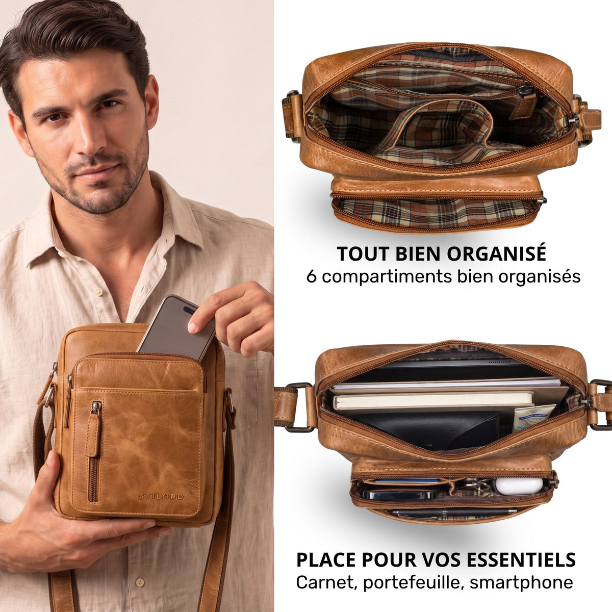 Kompakte Herren-Schultertasche aus Rindleder Perugia-Braun, Modell hält Tasche; geöffnete Oberansicht mit sechs organisierten Fächern