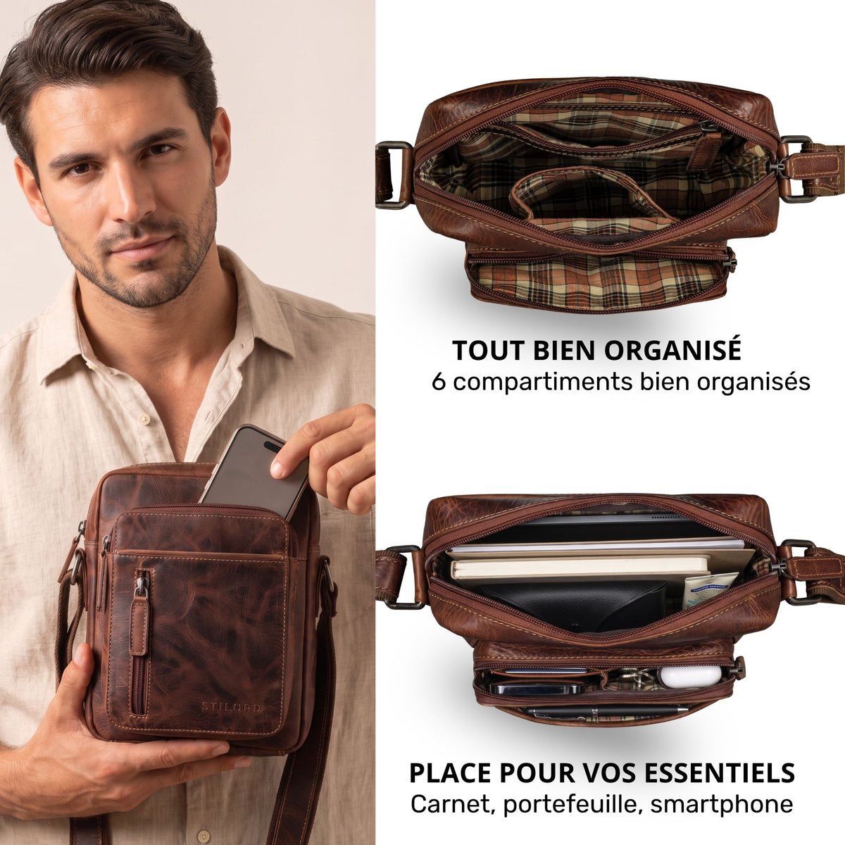 Kleine braune Leder-Schultertasche am Mann; zwei Innenansichten mit kariertem Futter, mehreren Fächern, Smartphone und Notizbuch.