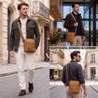 Kleine Herrenschultertasche aus Perugia-braunem Leder, Front- und Rückansicht, Mann in urbaner Straße und Büro