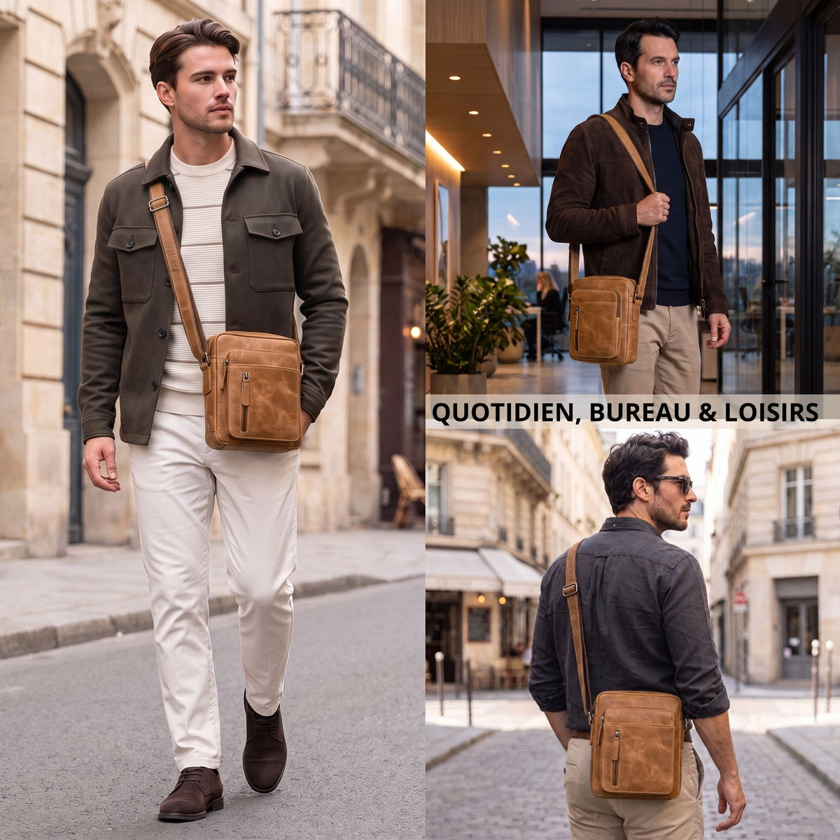 Kleine Herrenschultertasche aus Perugia-braunem Leder, Front- und Rückansicht, Mann in urbaner Straße und Büro