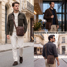 Kleine braune Leder-Umhängetasche, Crossbody getragen von Mann, Fronttasche sichtbar, urbane Straßenszene