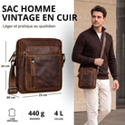 Kleine Herrenschultertasche aus echtem Leder in salerno braun, Vorderansicht mit Maßen und Modell beim Tragen