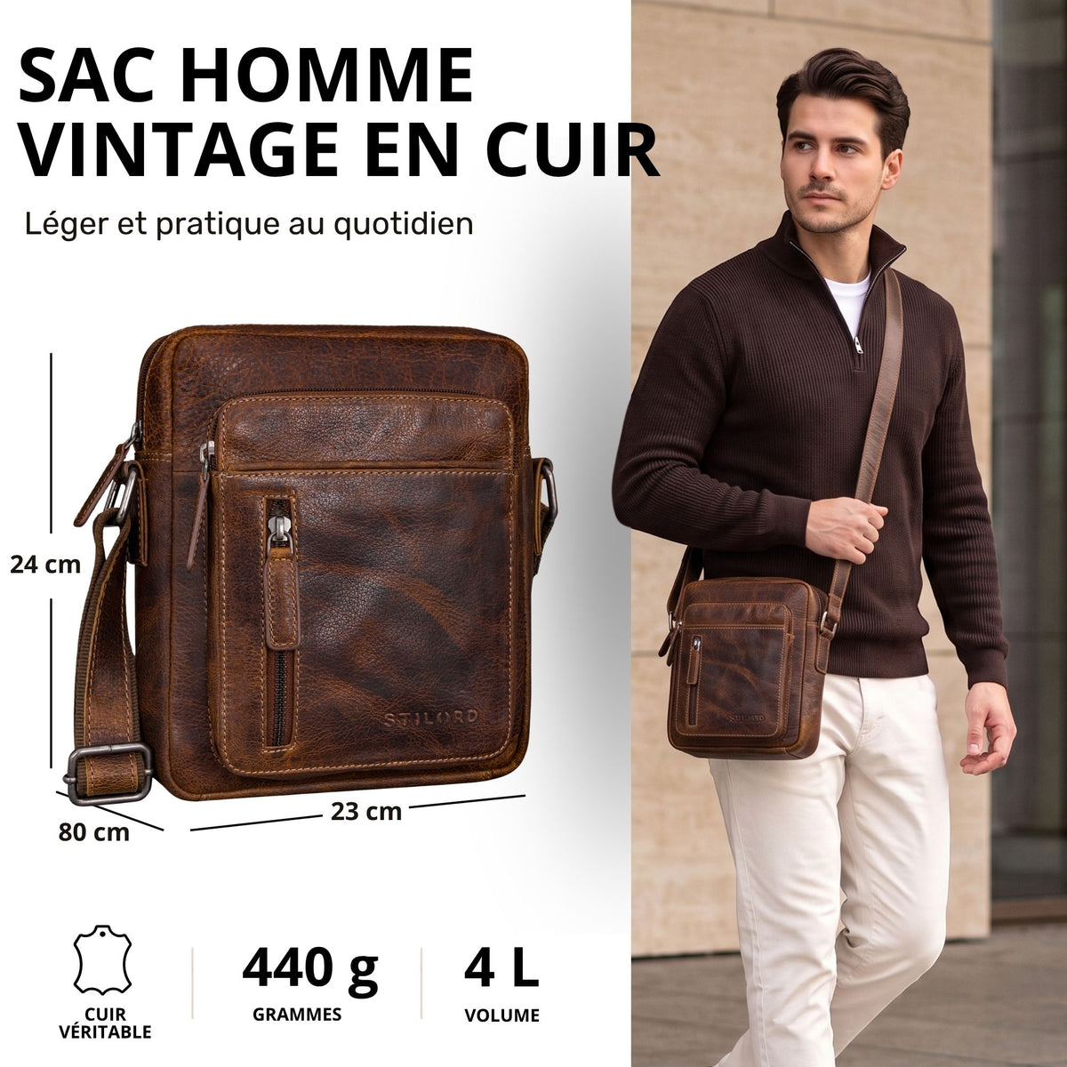 Kleine Herrenschultertasche aus echtem Leder in salerno braun, Vorderansicht mit Maßen und Modell beim Tragen