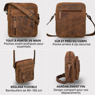 Kleine Herren-Schultertasche aus braunem Bergamo-Leder, vier Perspektiven: Vorder-, Rück-, Seitenansicht und Banddetail