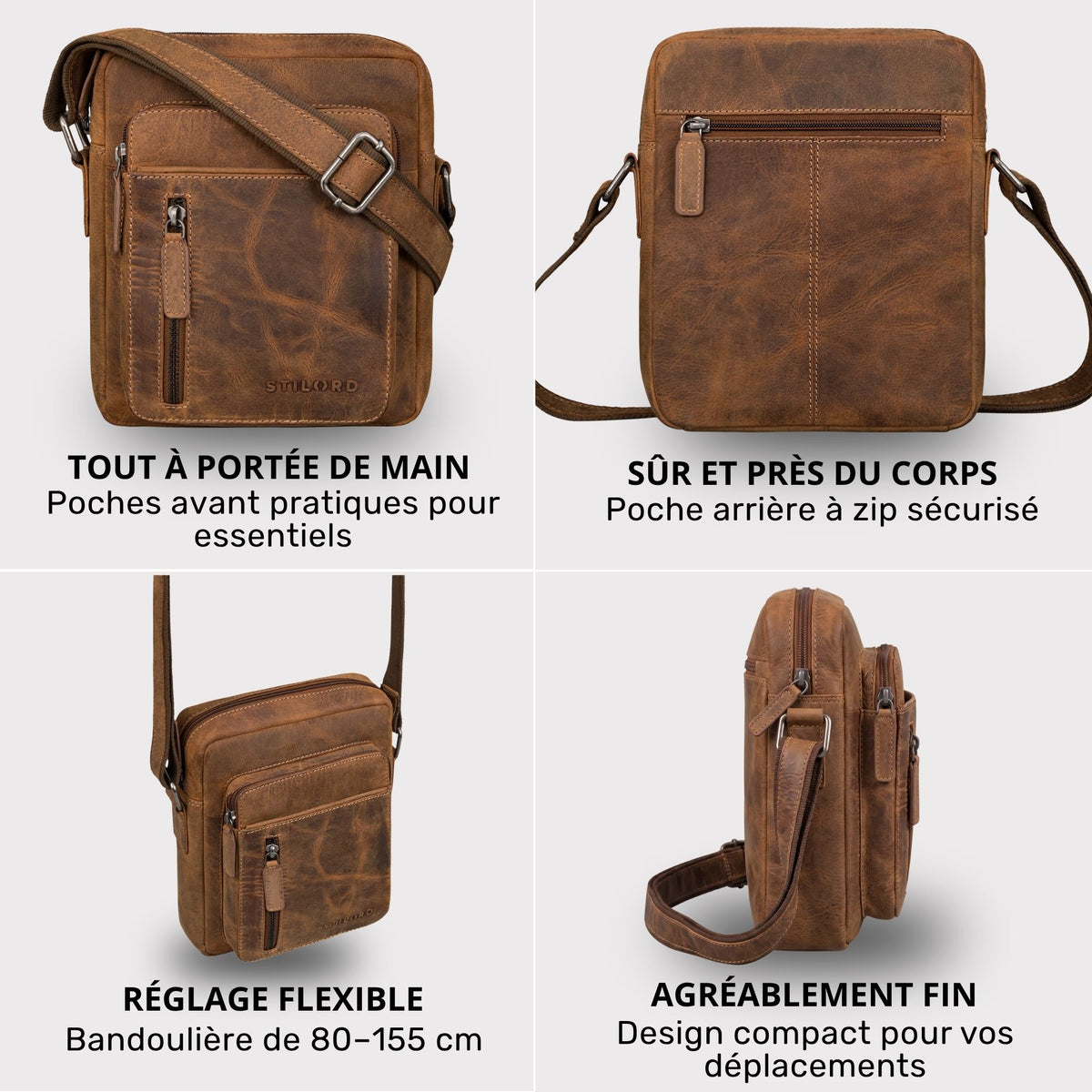 Kleine Herren-Schultertasche aus braunem Bergamo-Leder, vier Perspektiven: Vorder-, Rück-, Seitenansicht und Banddetail