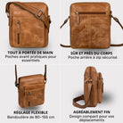 Kleine Herren-Schultertasche aus Leder Perugia-Braun, Collage: Fronttaschen, Rückfach mit Reißverschluss, verstellbarer Gurt, Seitenansicht