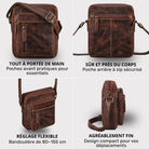 Kleine Herren-Schultertasche aus braunem Salerno-Leder, Vorderansicht mit Fronttaschen, Reißverschlüssen und verstellbarem Gurt