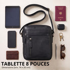 Kleine schwarze Lederschultertasche aus Rindleder mit Frontreißverschluss, 8-Zoll-Tablet und Zubehör, Draufsicht