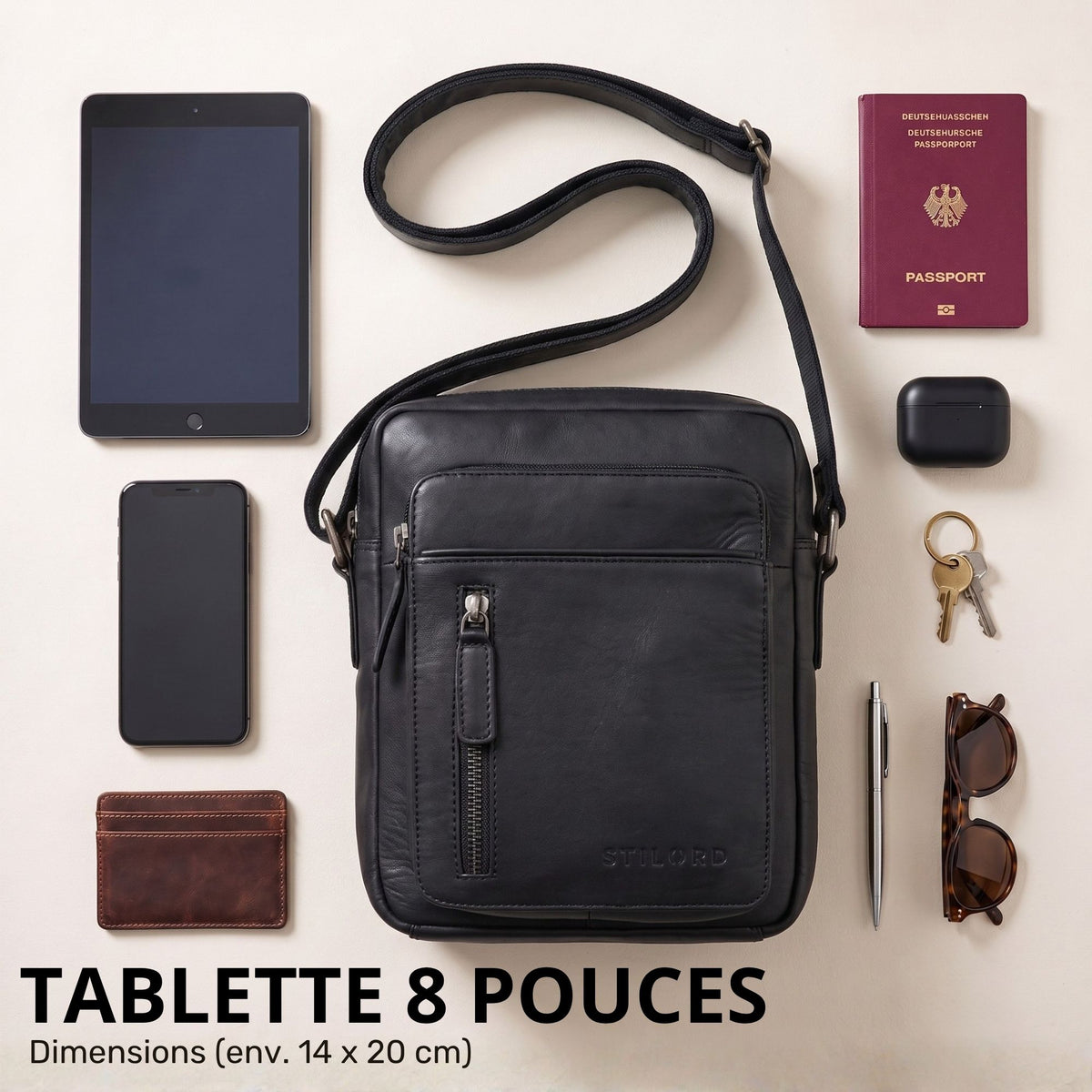 Kleine schwarze Lederschultertasche aus Rindleder mit Frontreißverschluss, 8-Zoll-Tablet und Zubehör, Draufsicht
