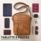 Kleine Leder-Umhängetasche perugia-braun, Draufsicht mit STILORD-Prägung, 8-Zoll-Tablet, Pass und Accessoires