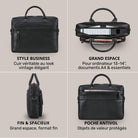 Schwarze Leder-Business-Tasche, vier Ansichten: Front, offen mit Laptopfach 13–14\" Zoll, Seitenprofil, Rückseite mit Antidiebstahlfach