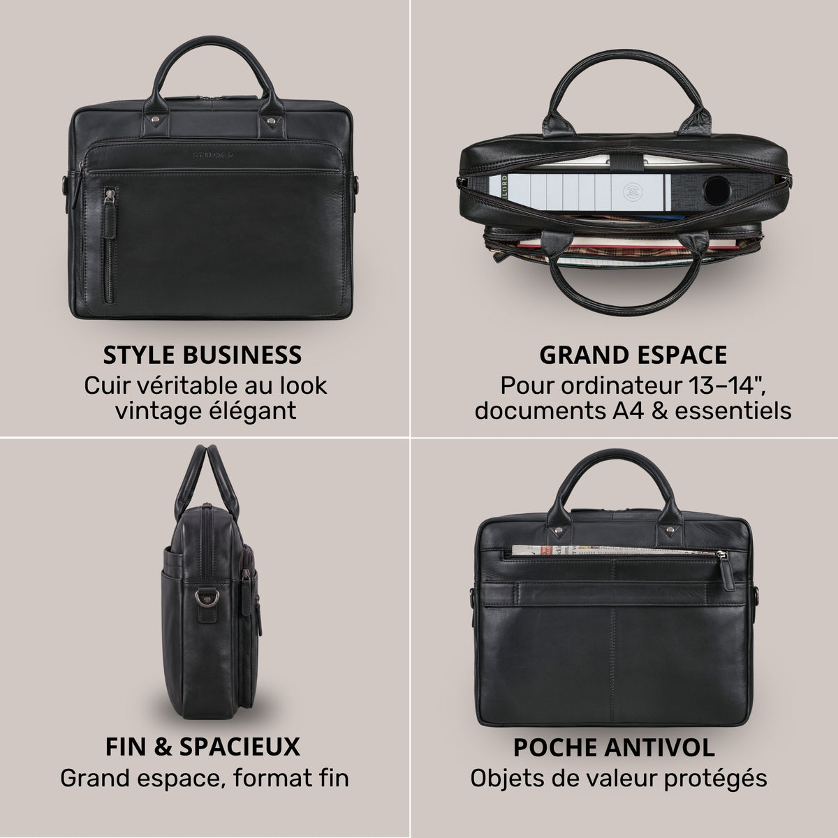 Schwarze Leder-Business-Tasche, vier Ansichten: Front, offen mit Laptopfach 13–14\" Zoll, Seitenprofil, Rückseite mit Antidiebstahlfach