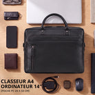 Schwarze Leder-Business-Tasche mit STILORD-Prägung, Laptopfach 13-14 Zoll, Fronttasche auf Holztisch