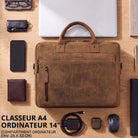 Braune Business-Tasche aus Vintage-Leder mit geprägtem STILORD-Logo, Frontfach und Griff, Draufsicht, für 13–14 Zoll Laptop