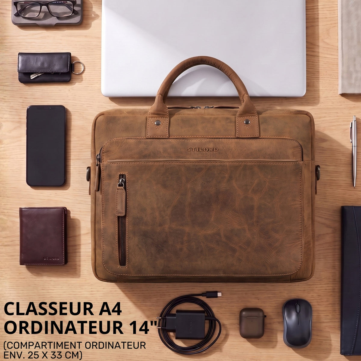 Braune Business-Tasche aus Vintage-Leder mit geprägtem STILORD-Logo, Frontfach und Griff, Draufsicht, für 13–14 Zoll Laptop