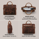 Vier Ansichten einer braunen Leder-Business-Tasche (luino) mit Laptopfach 13–14", schmaler Seitenansicht, Rückfach mit Reißverschluss und STILORD-Prägung