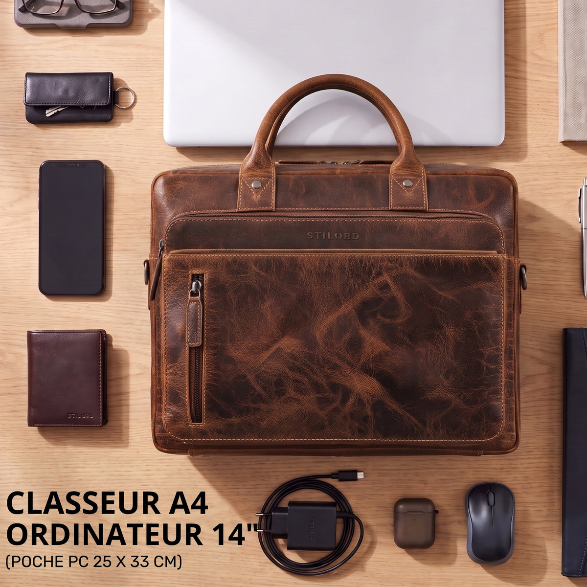 Business-Tasche aus gewachstem Leder in Braun mit sichtbarer STILORD-Prägung, Laptopfach 13–14 Zoll, Draufsicht mit Zubehör