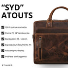 Braune Syd Business-Tasche aus gewachstem Leder, Frontdetail mit Griff, Reißverschlussfach und STILORD Prägung
