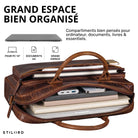 Braune Leder-Business-Tasche mit offenem Hauptfach, Griff sichtbar, organisierte Fächer für Laptop 13–14 Zoll