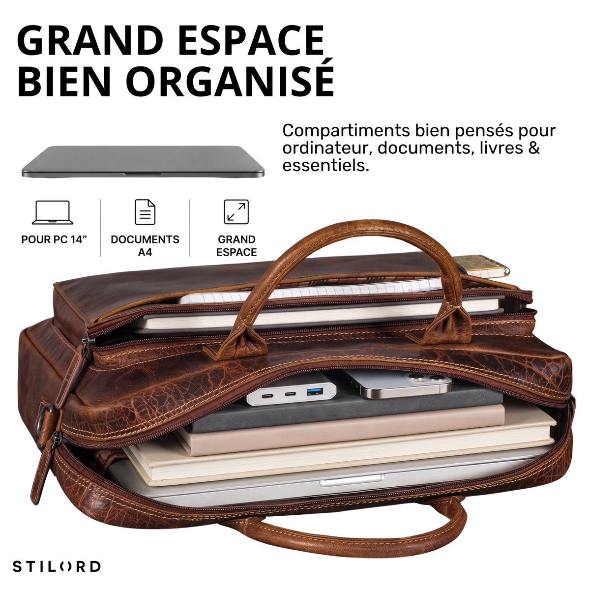 Braune Leder-Business-Tasche mit offenem Hauptfach, Griff sichtbar, organisierte Fächer für Laptop 13–14 Zoll