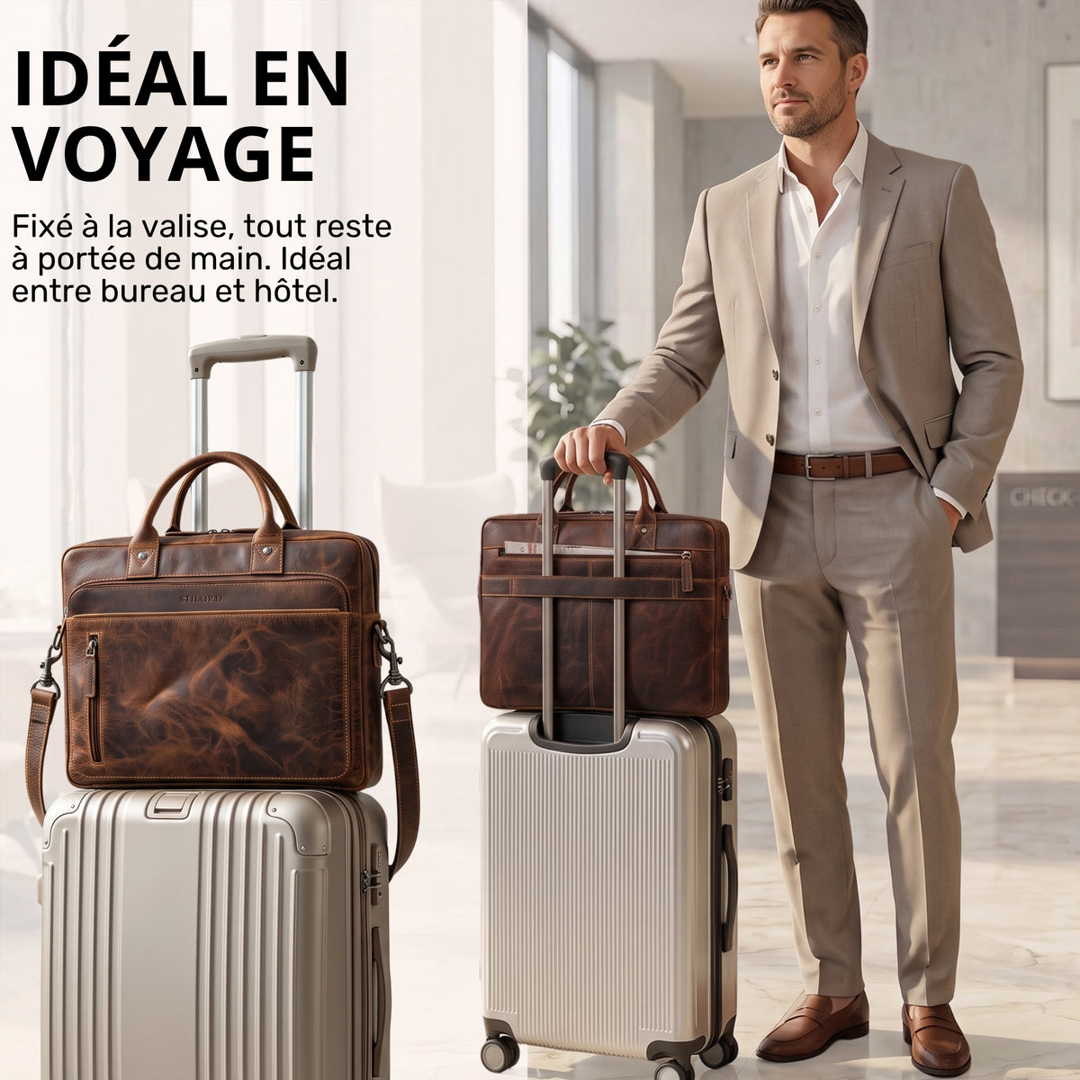 Zwei braune Leder-Business-Taschen mit Laptopfach 13-14 Zoll, eine auf Trolley, Mann im Anzug im Hotelfoyer