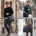 Schwarze Leder-Business-Tasche mit Laptopfach 13–14 Zoll, Schulterriemen und Griff, urbanes Umfeld, STILORD-Prägung sichtbar