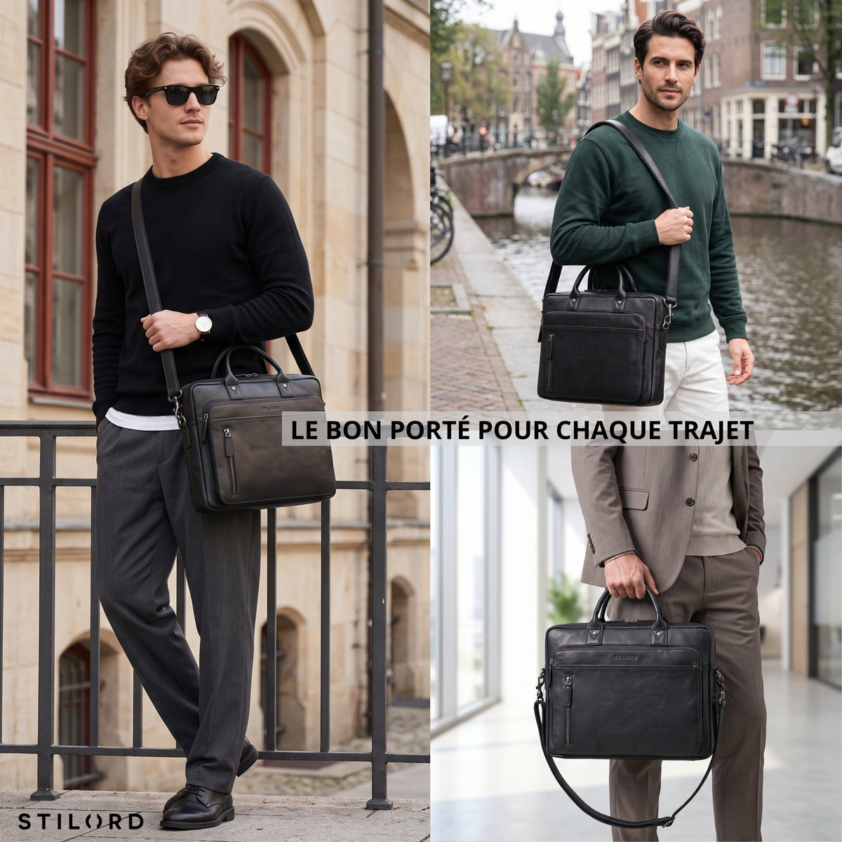Schwarze Leder-Business-Tasche mit Laptopfach 13–14 Zoll, Schulterriemen und Griff, urbanes Umfeld, STILORD-Prägung sichtbar
