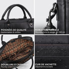 Schwarze Leder-Business-Tasche mit Griffen, Karabiner, kariertem Innenfutter und geprägtem STILORD-Logo, Wasserperlen sichtbar