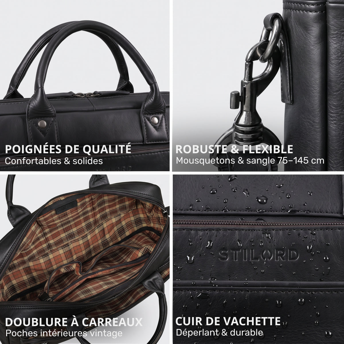 Schwarze Leder-Business-Tasche mit Griffen, Karabiner, kariertem Innenfutter und geprägtem STILORD-Logo, Wasserperlen sichtbar
