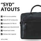 Schwarze Leder-Business-Tasche mit Tragegriff, Frontreißverschluss und geprägtem STILORD-Logo, Nahaufnahme