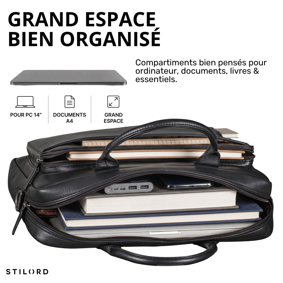 Schwarze Leder-Business-Tasche offen, organisierte Fächer mit 13-14 Zoll Laptop, Büchern, Powerbank und Smartphone, frontale Ansicht, STILORD-Logo