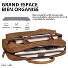 Braune Leder-Business-Tasche bergamo geöffnet mit Laptop 13–14", Notizbüchern und Powerbank, Nahaufnahme