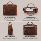 Braune Leder-Business-Tasche salerno, Collage mit Front-, oben offenem Laptopfach 13-14 Zoll, Seitenprofil und Rückseite mit Diebstahlfach, STILORD-Prägung sichtbar