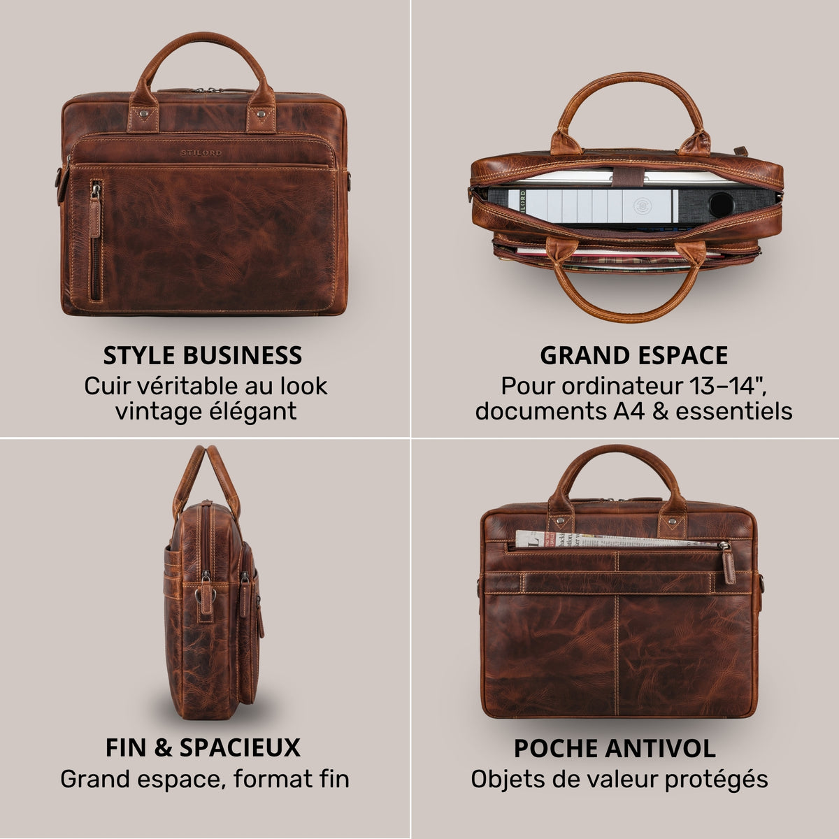 Braune Leder-Business-Tasche salerno, Collage mit Front-, oben offenem Laptopfach 13-14 Zoll, Seitenprofil und Rückseite mit Diebstahlfach, STILORD-Prägung sichtbar