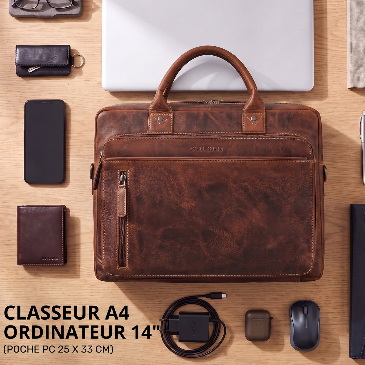 Draufsicht auf braune Leder-Business-Tasche salerno mit Laptopfach 14 Zoll, STILORD-Prägung, Reißverschlussfach und Zubehör