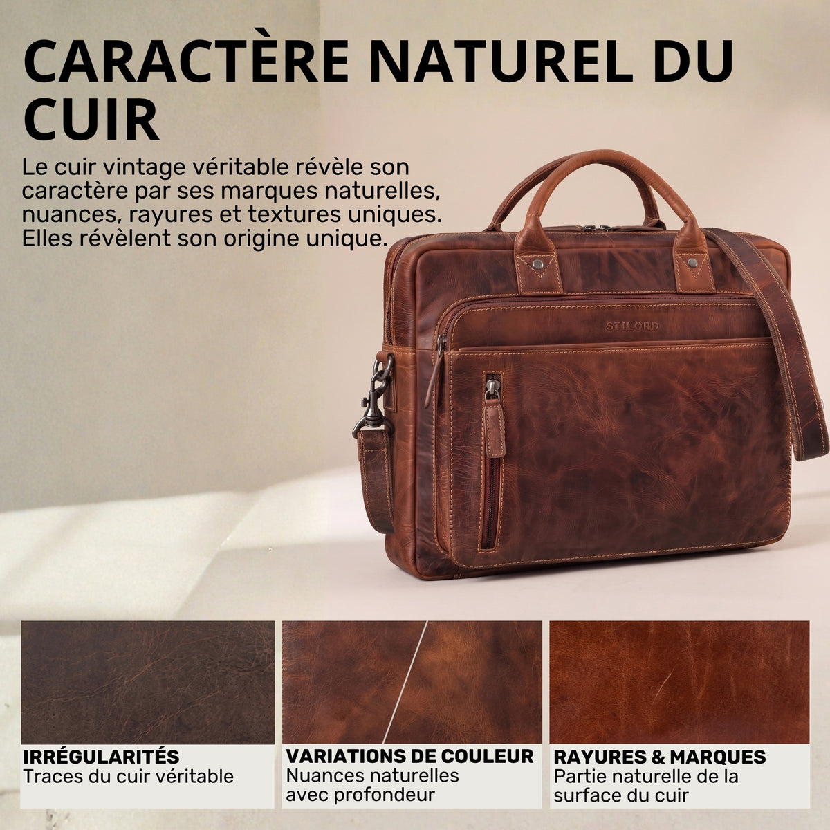 Business-Tasche aus vintage Rindsleder in salerno braun, Front- und Detailansicht mit geprägtem STILORD-Logo und Schulterriemen