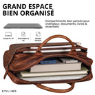 braune Leder-Business-Tasche offen mit Laptopfach 13–14 Zoll, Bücher, Powerbank, Griff und sichtbarem STILORD-Logo