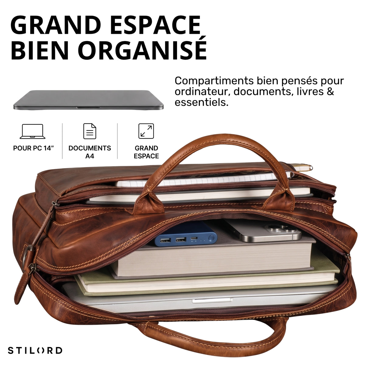 braune Leder-Business-Tasche offen mit Laptopfach 13–14 Zoll, Bücher, Powerbank, Griff und sichtbarem STILORD-Logo