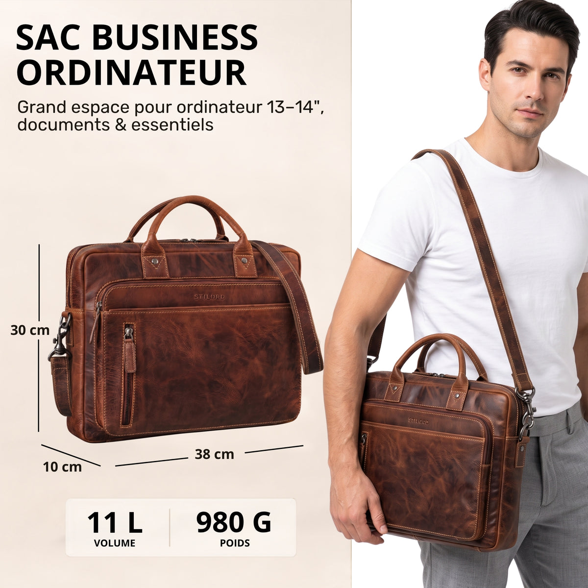 Braune Leder-Business-Tasche mit Laptopfach 13–14 Zoll, Fronttasche, Modell trägt sie über der Schulter